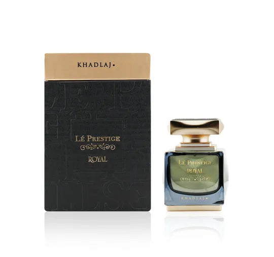 Le Prestige Royal 100ml EDP by Khadlaj – regal perfume with spearmint, Turkish rose, cinnamon, amber, vanilla, leather, and cedarwood in a luxury bottle.